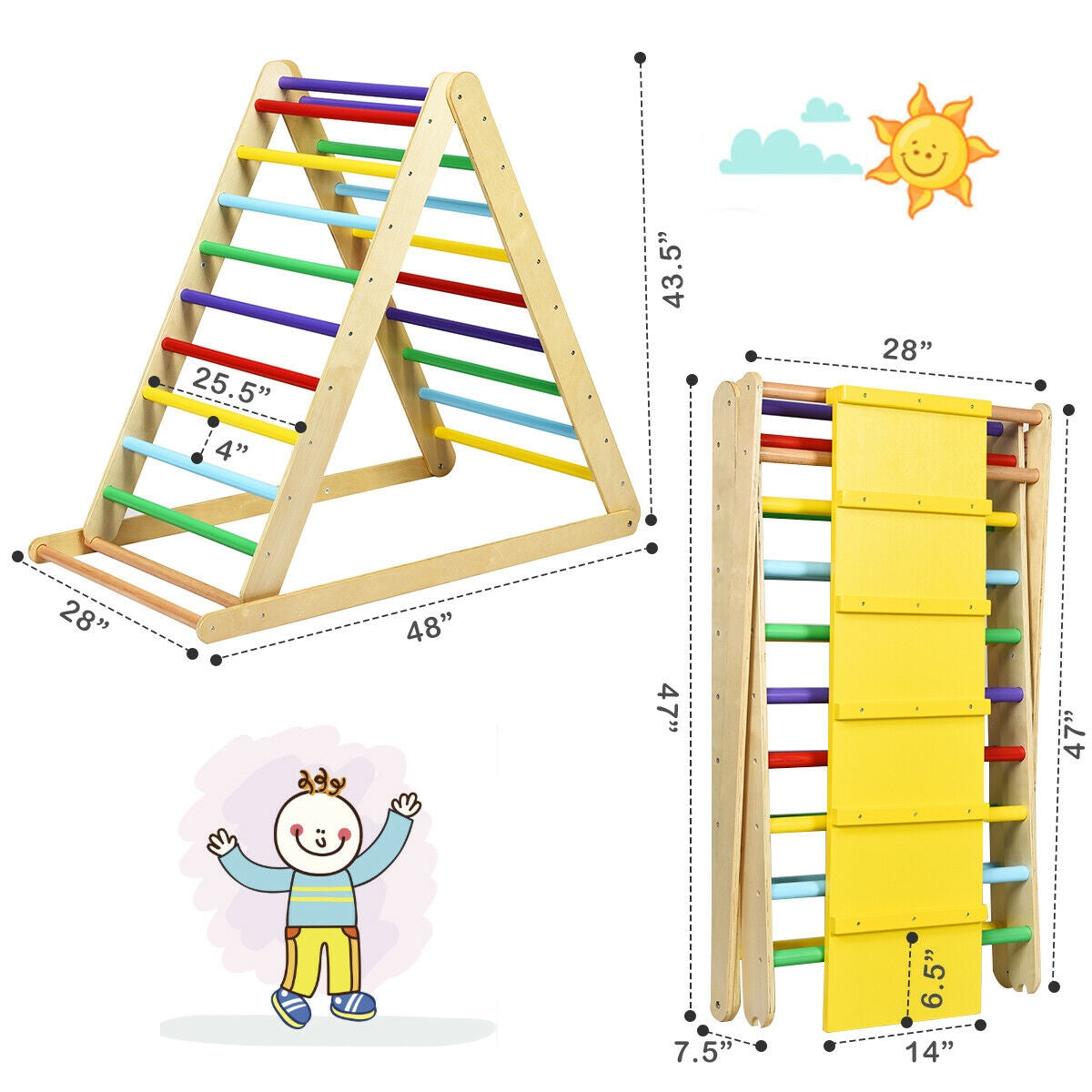 Foldable Wooden Climbing Triangle Indoor with Ladder for Toddler Baby-MulticolorÂ