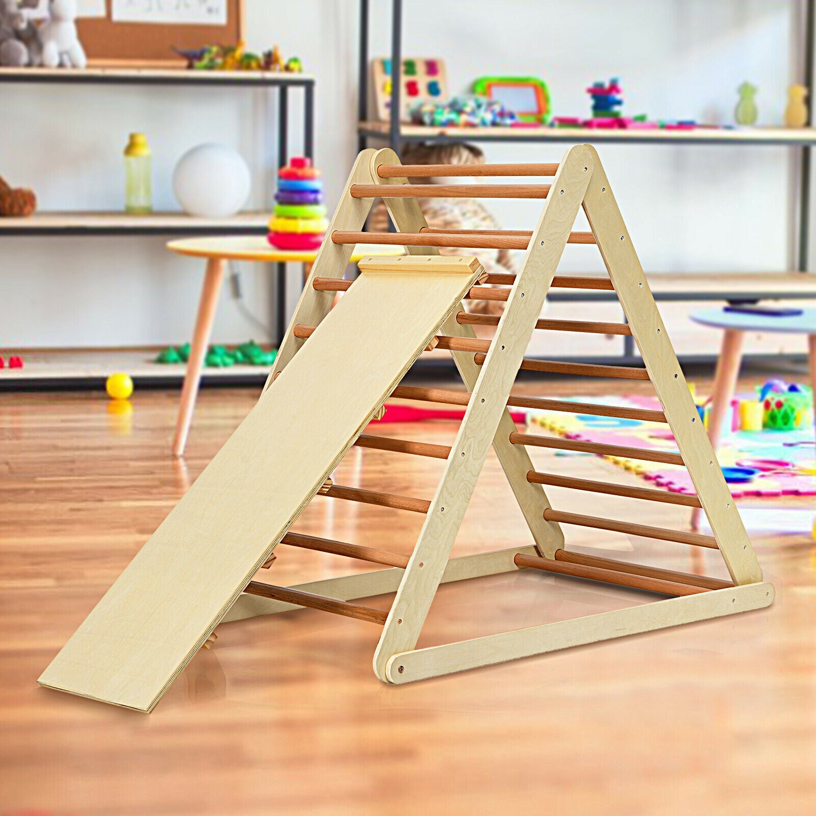 Foldable Wooden Climbing Triangle Indoor with Ladder for Toddler Baby-NaturalÂ