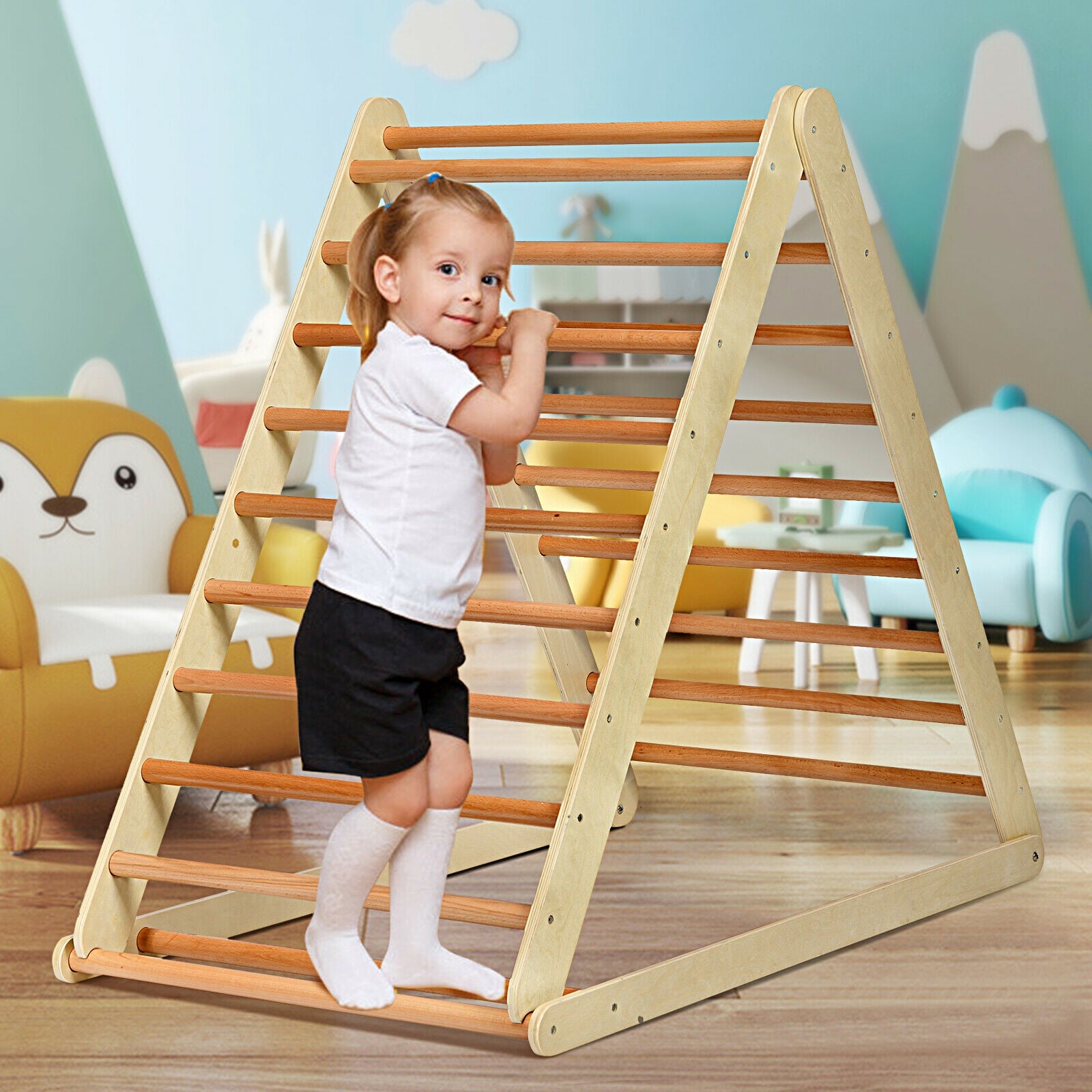 Foldable Wooden Climbing Triangle Indoor with Ladder for Toddler Baby-NaturalÂ