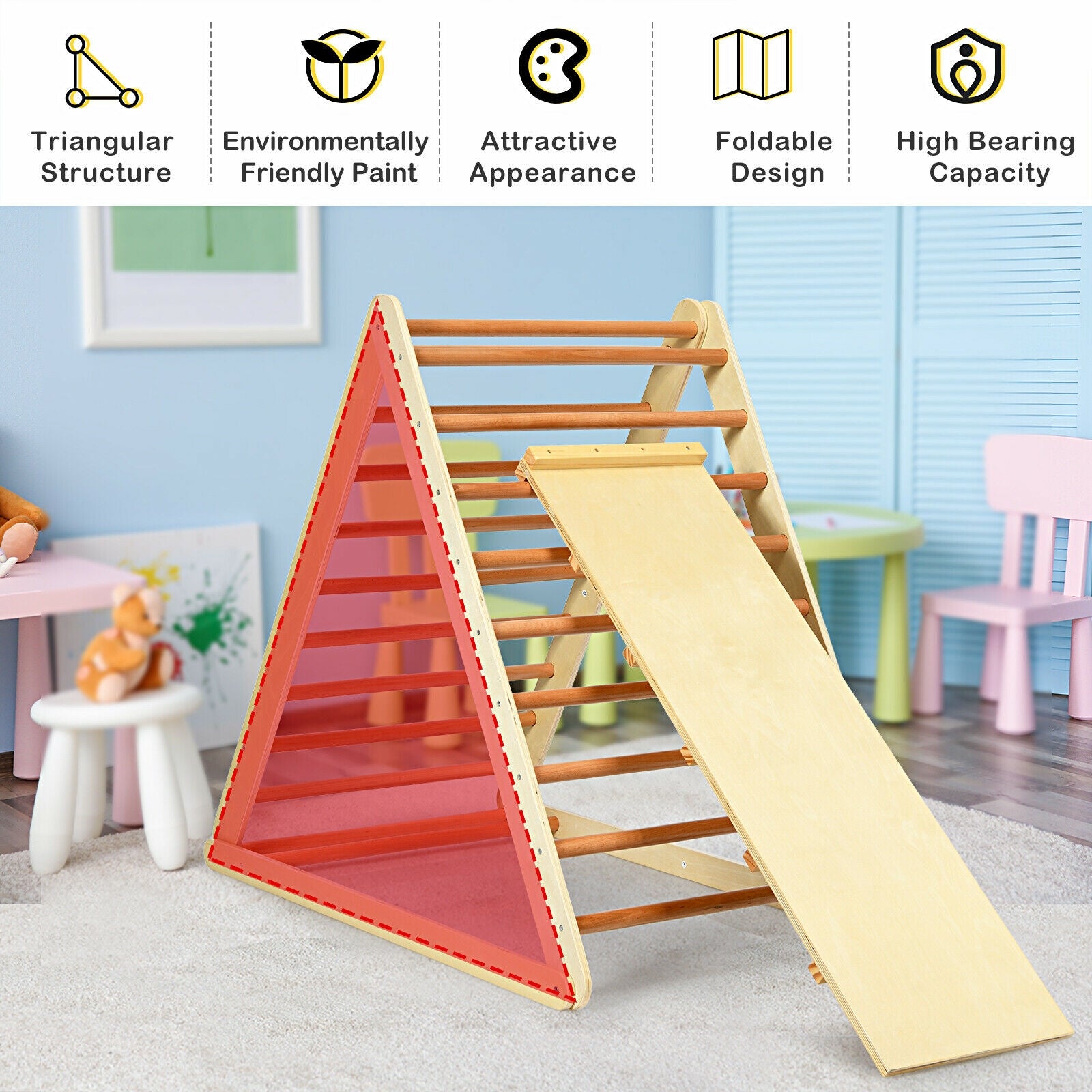Foldable Wooden Climbing Triangle Indoor with Ladder for Toddler Baby-NaturalÂ