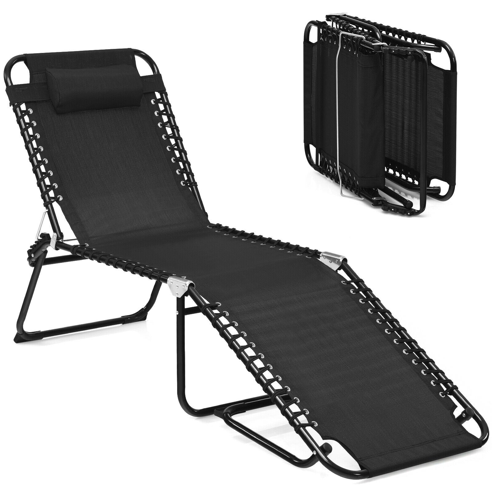 Folding Heightening Design Beach Lounge Chair with Pillow for Patio-BlackÂ