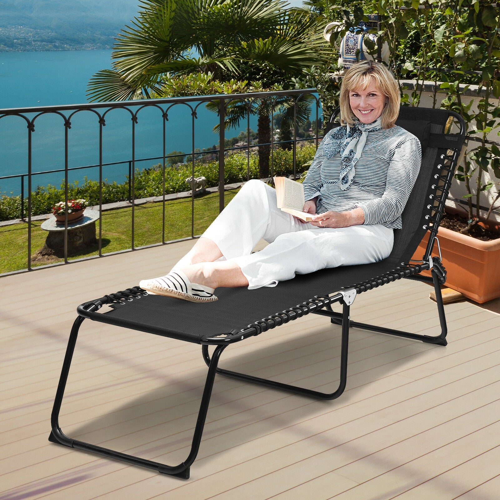 Folding Heightening Design Beach Lounge Chair with Pillow for Patio-BlackÂ