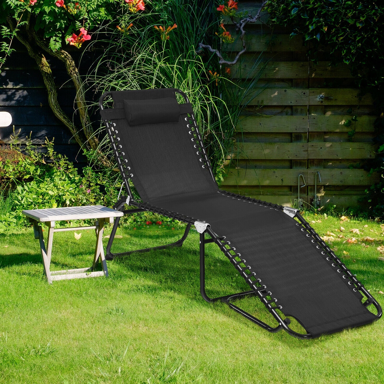 Folding Heightening Design Beach Lounge Chair with Pillow for Patio-BlackÂ