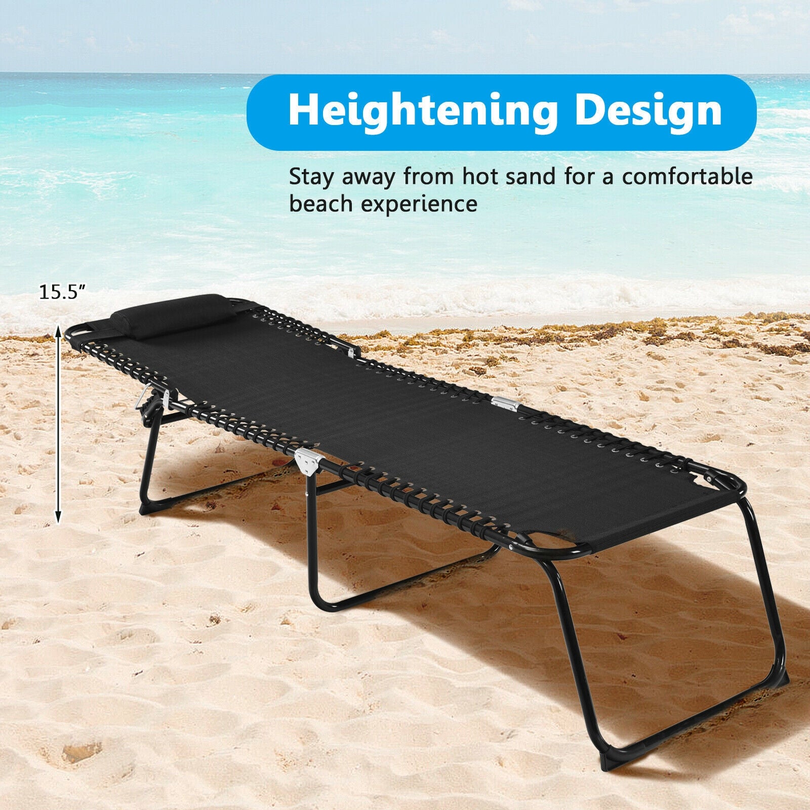 Folding Heightening Design Beach Lounge Chair with Pillow for Patio-BlackÂ