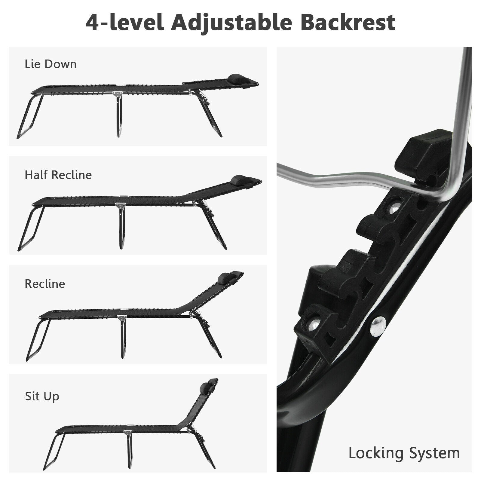 Folding Heightening Design Beach Lounge Chair with Pillow for Patio-BlackÂ