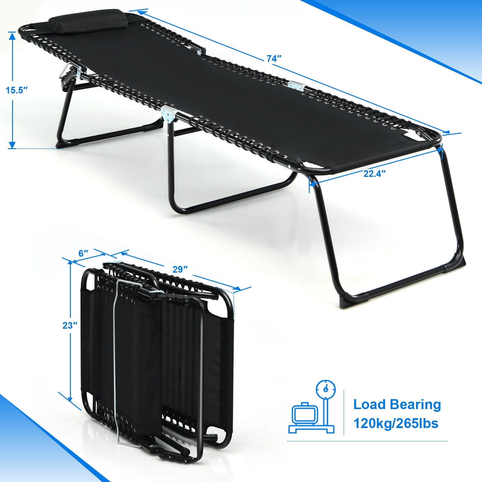 Folding Heightening Design Beach Lounge Chair with Pillow for Patio-BlackÂ