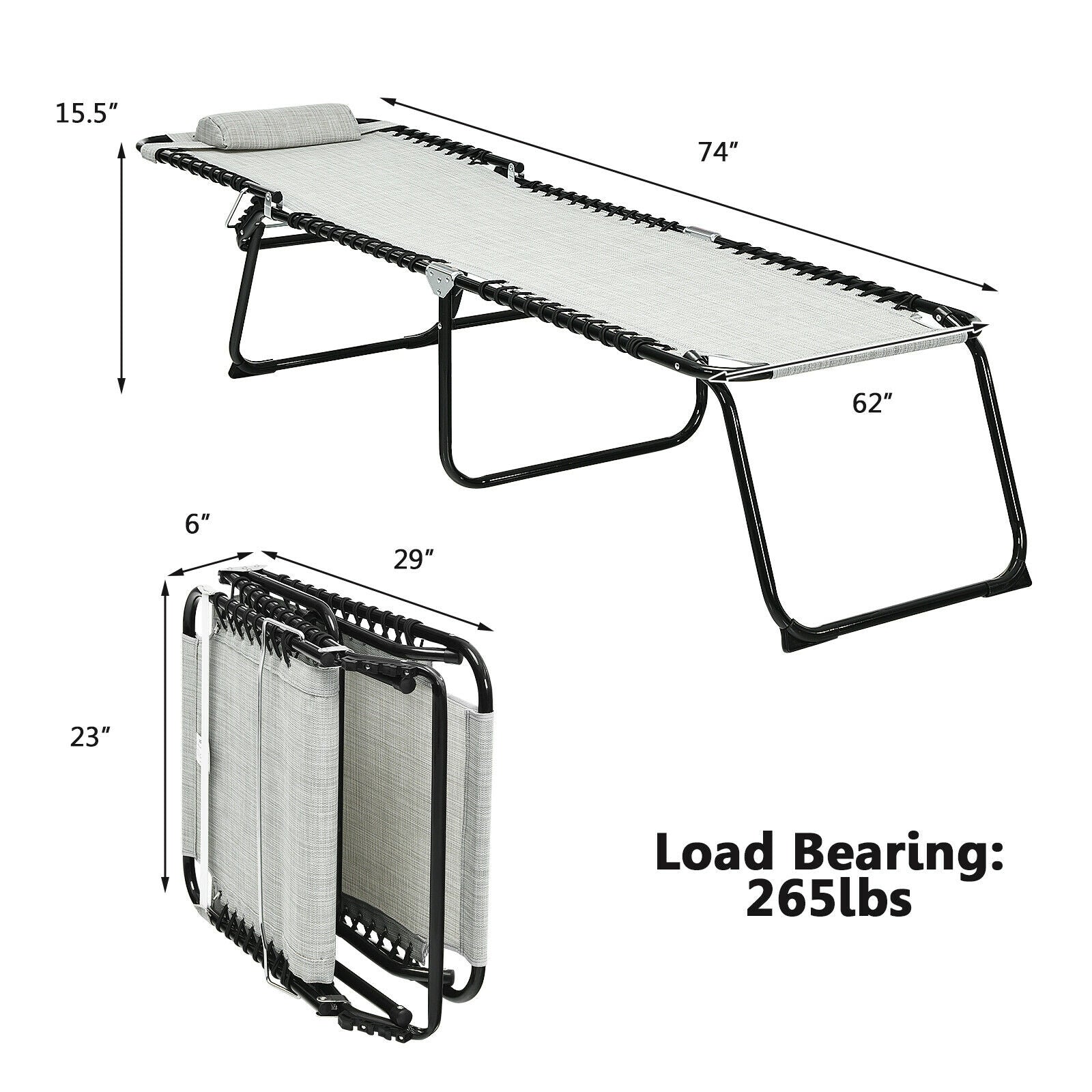 Folding Heightening Design Beach Lounge Chair with Pillow for Patio-GrayÂ