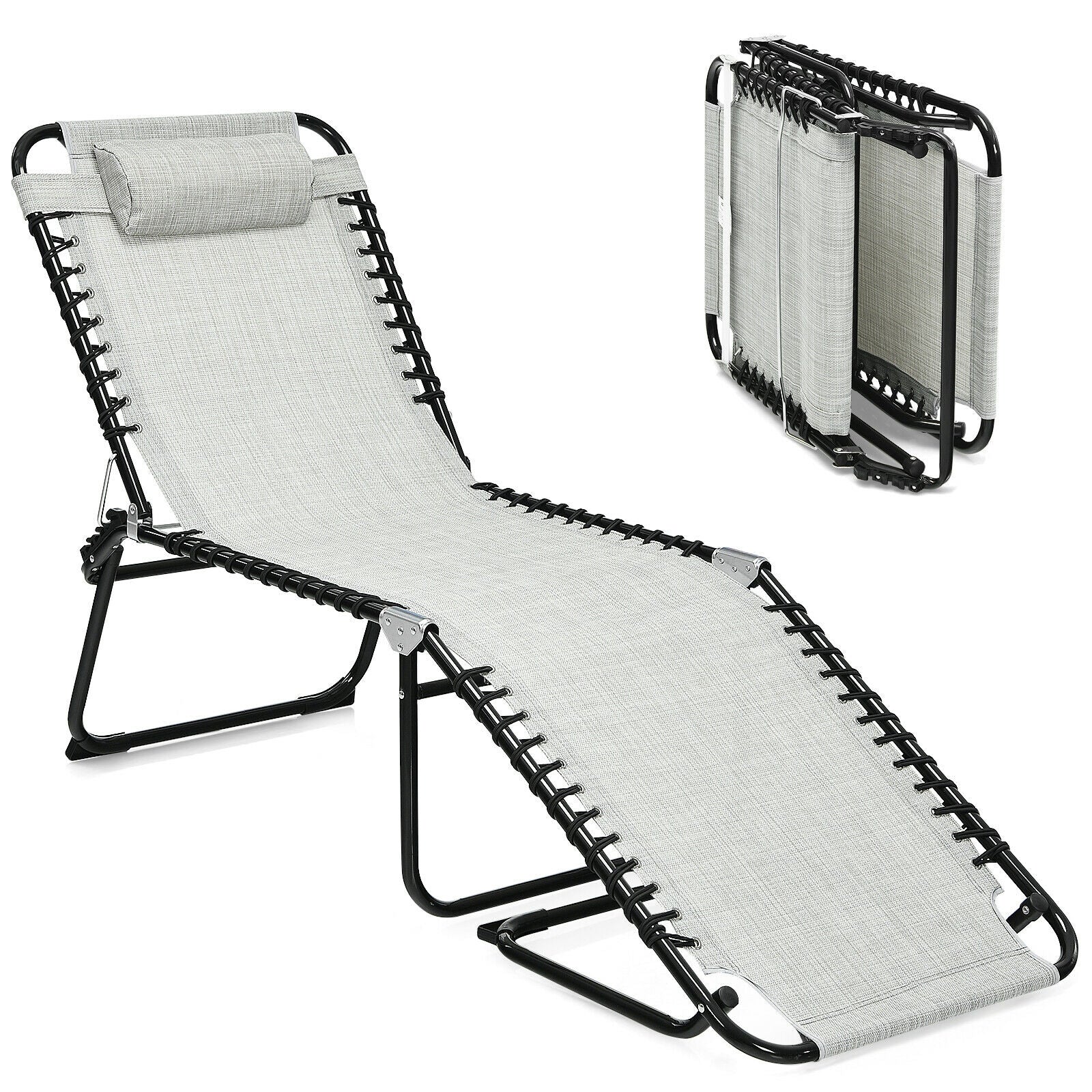 Folding Heightening Design Beach Lounge Chair with Pillow for Patio-GrayÂ