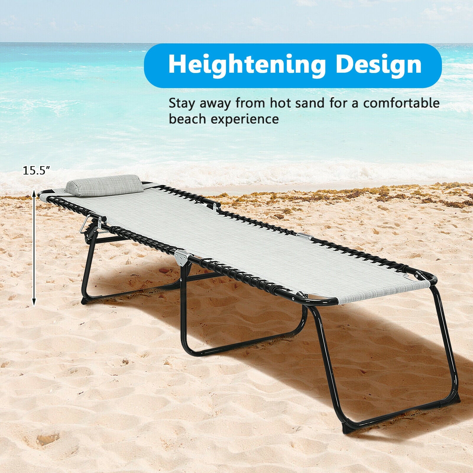 Folding Heightening Design Beach Lounge Chair with Pillow for Patio-GrayÂ