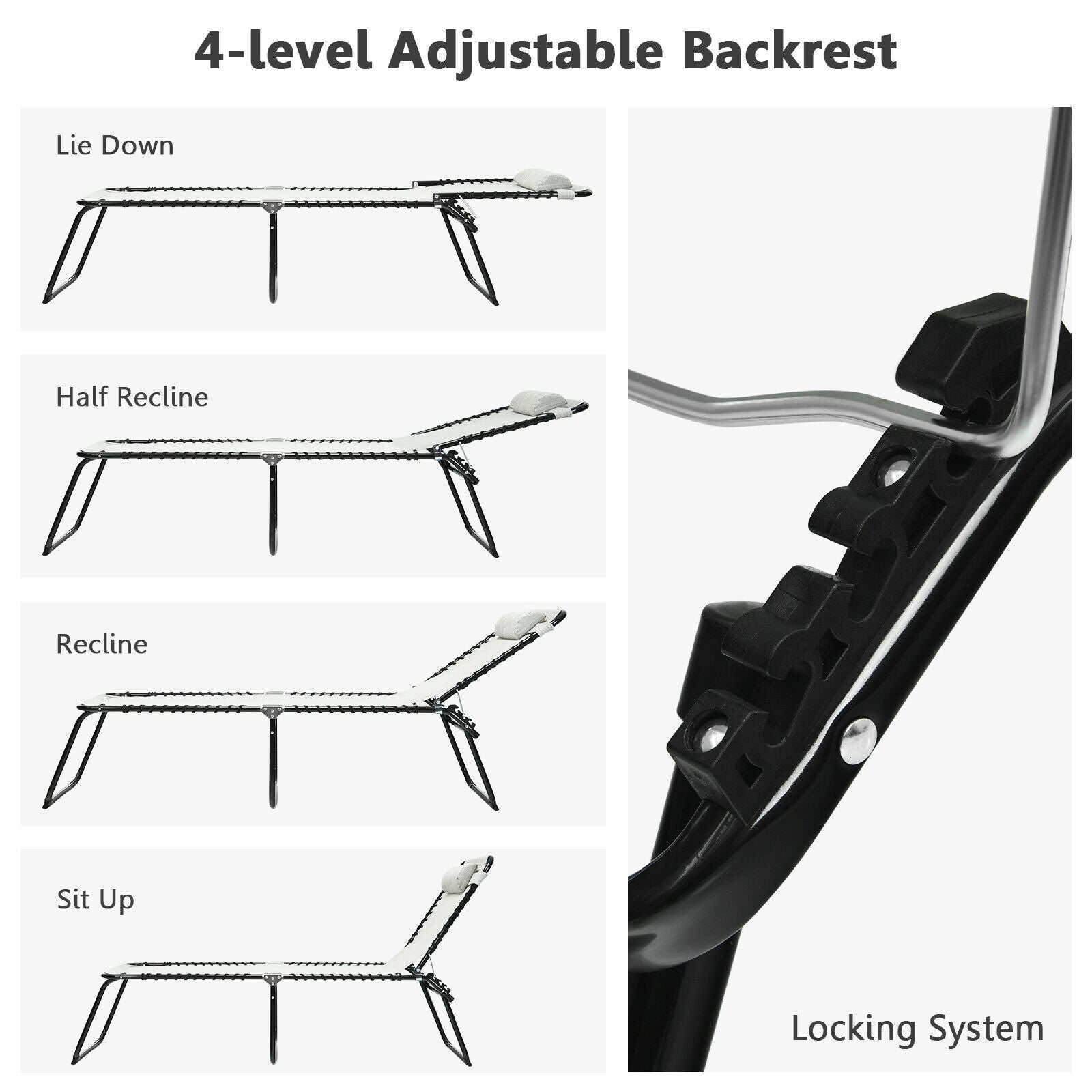 Folding Heightening Design Beach Lounge Chair with Pillow for Patio-GrayÂ