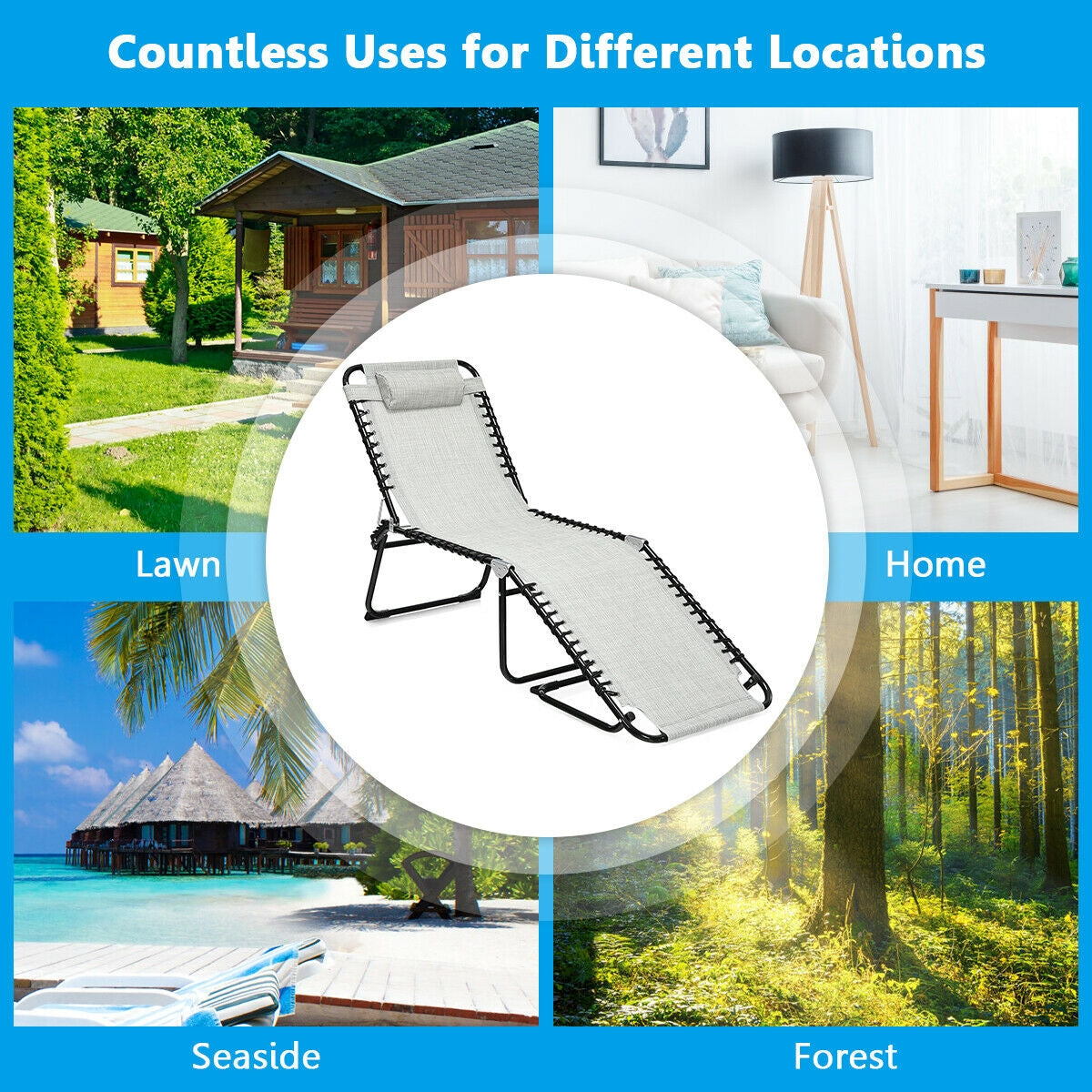 Folding Heightening Design Beach Lounge Chair with Pillow for Patio-GrayÂ