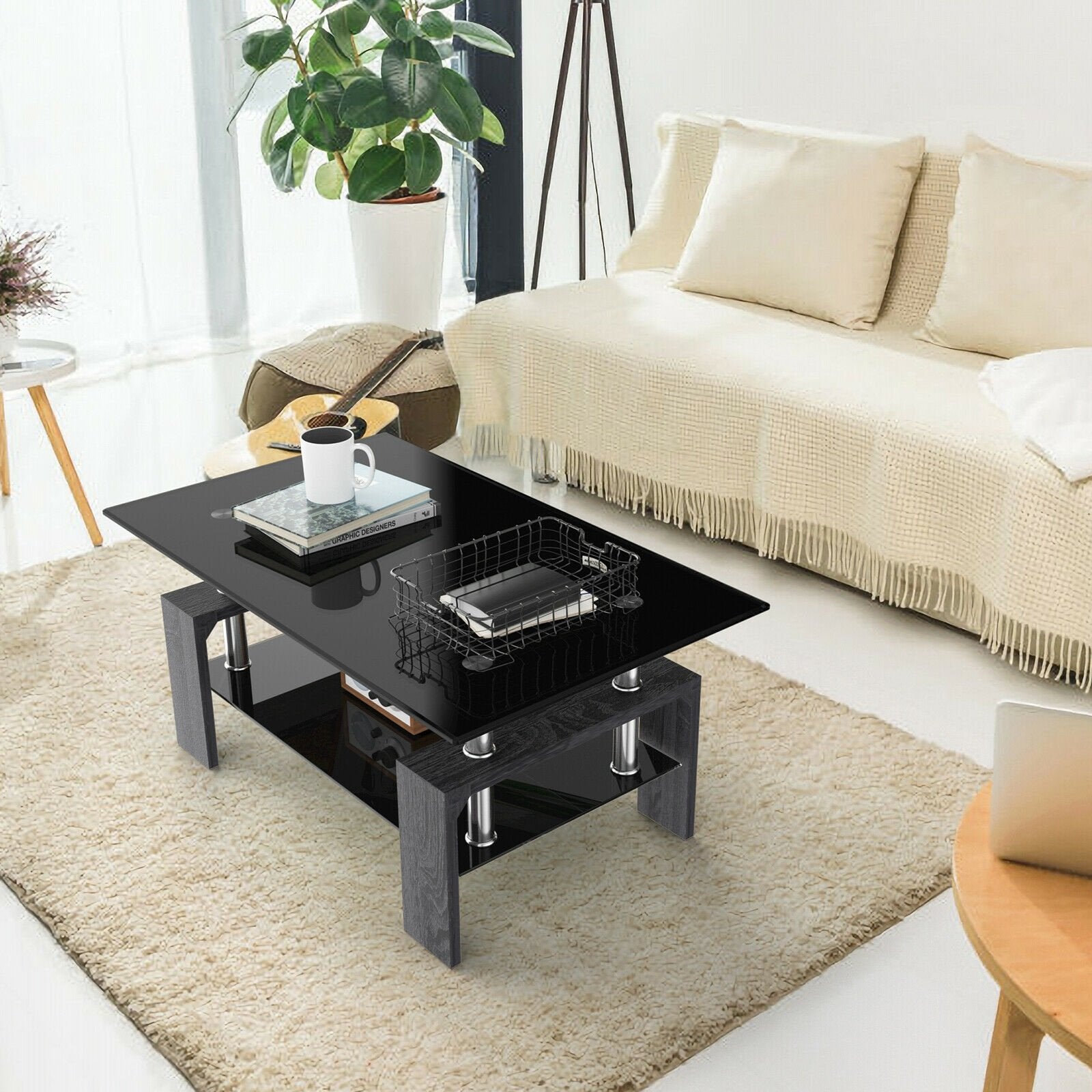 Rectangular Tempered Glass Coffee Table with Shelf-GrayÂ