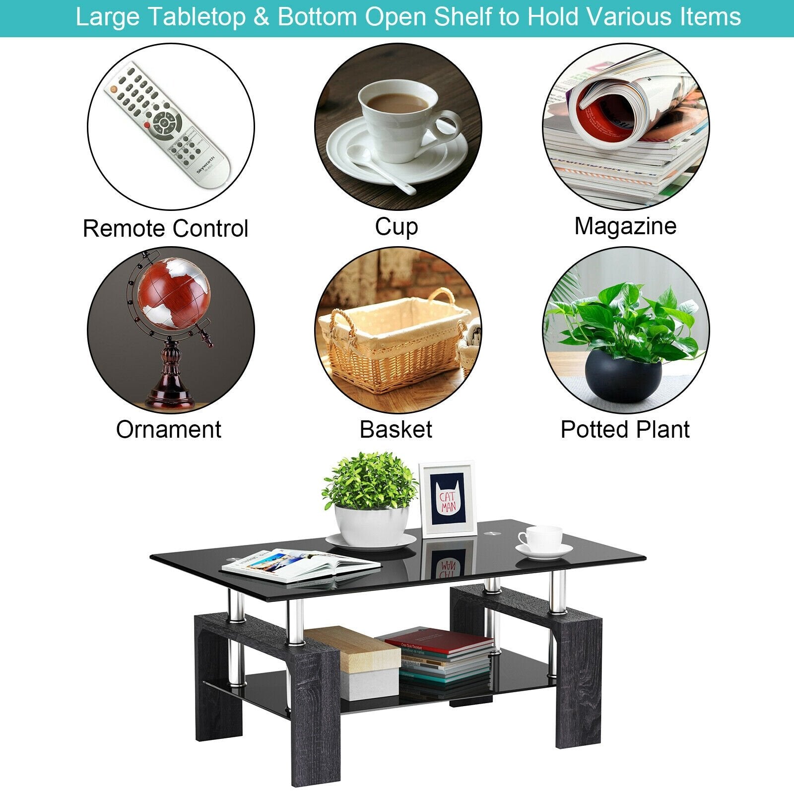 Rectangular Tempered Glass Coffee Table with Shelf-GrayÂ