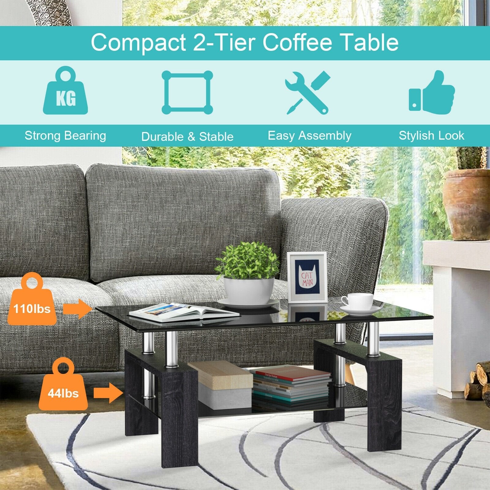 Rectangular Tempered Glass Coffee Table with Shelf-GrayÂ