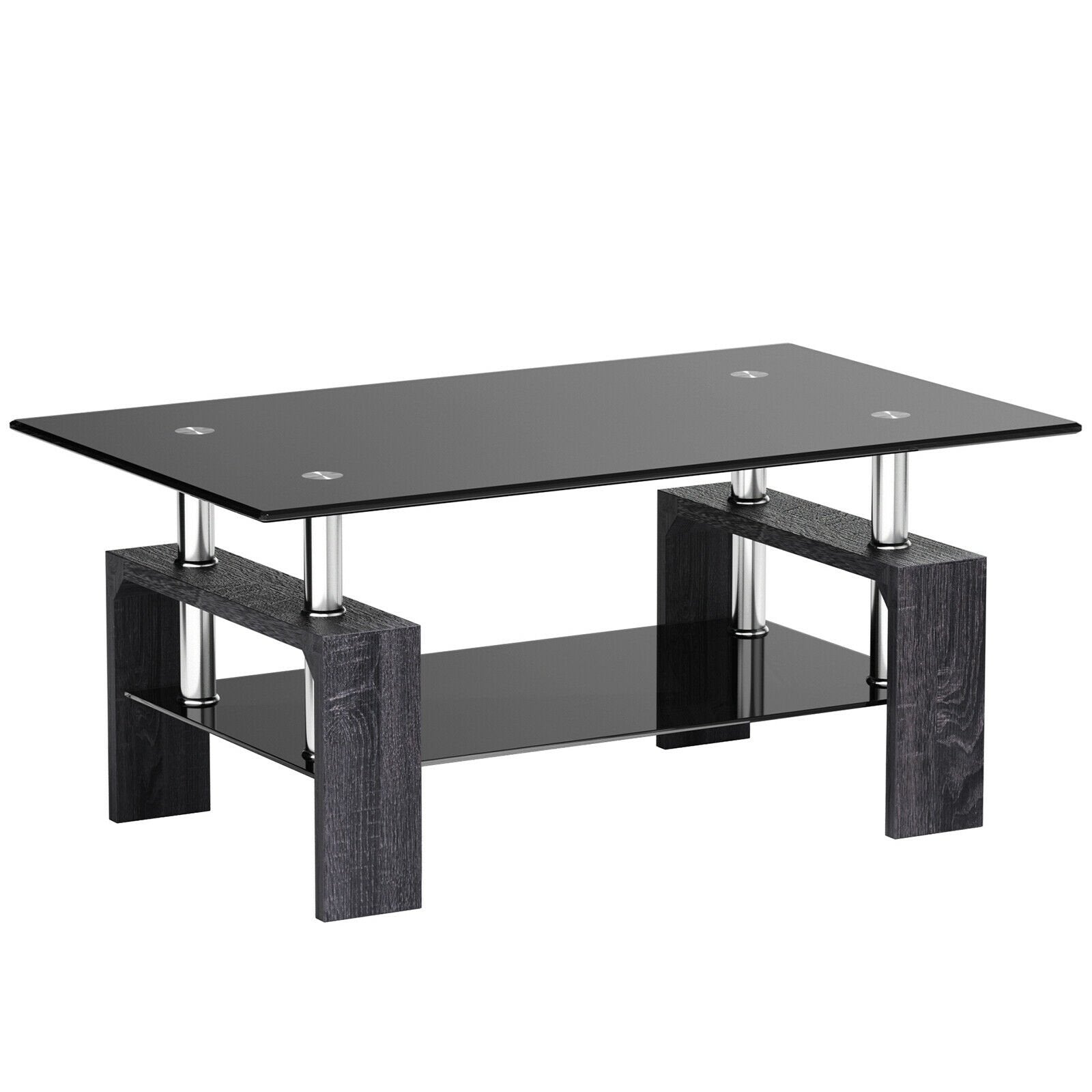 Rectangular Tempered Glass Coffee Table with Shelf-GrayÂ