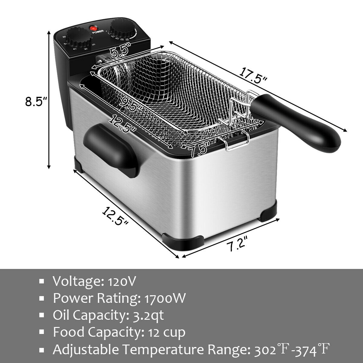 3.2 Quart Electric Stainless Steel Deep Fryer with TimerÂ