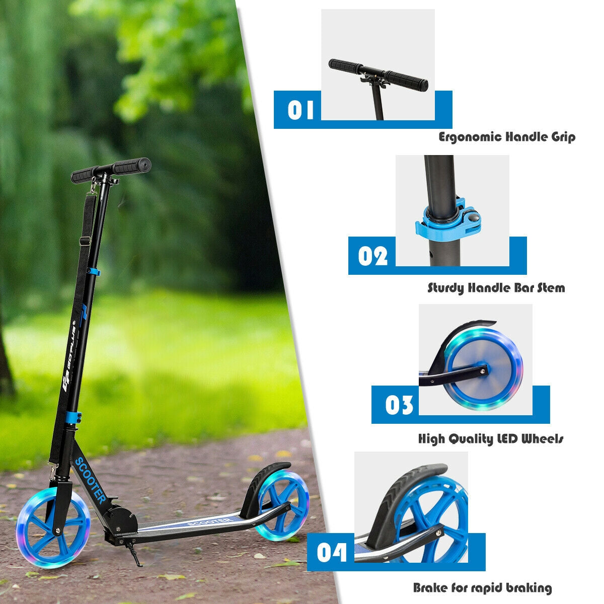 Portable Folding Sports Kick Scooter with LED Wheels-BlueÂ