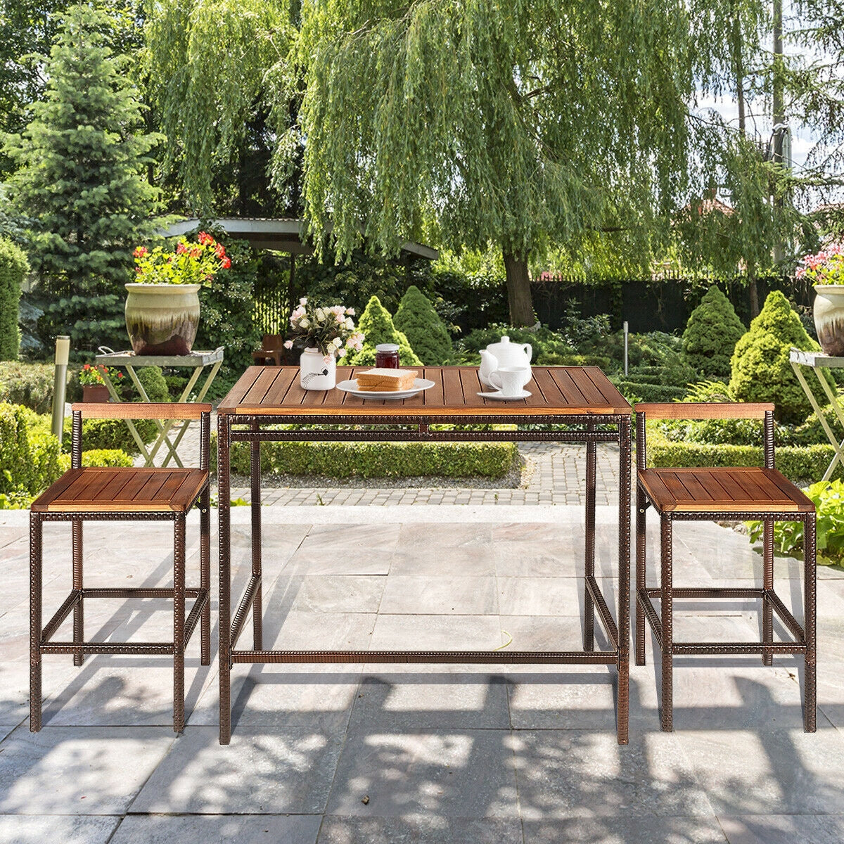 3 Pieces Patio Rattan Wicker Bar Dining Furniture SetÂ