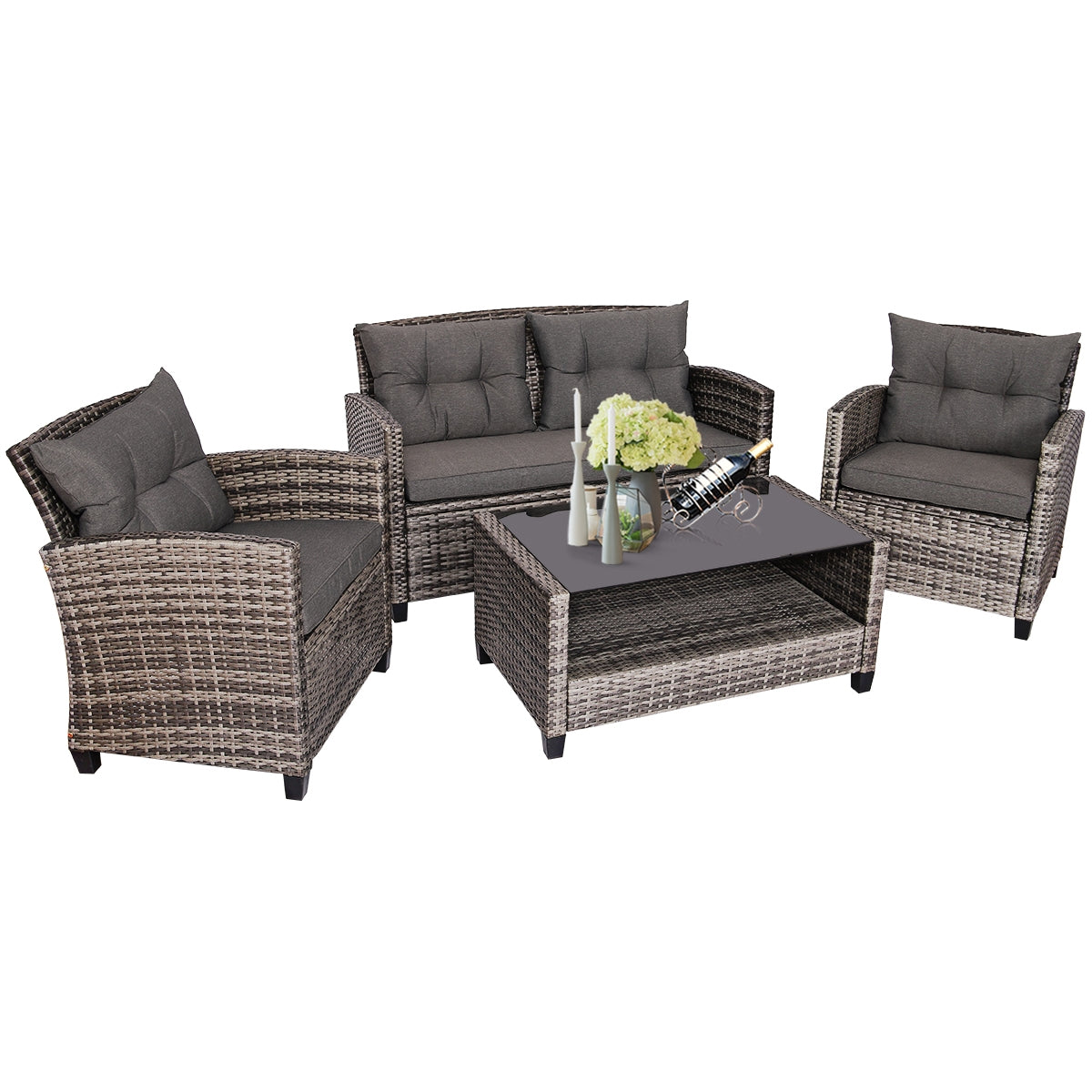 4 Pieces Patio Rattan Furniture Set Coffee Table Cushioned Sofa-GrayÂ
