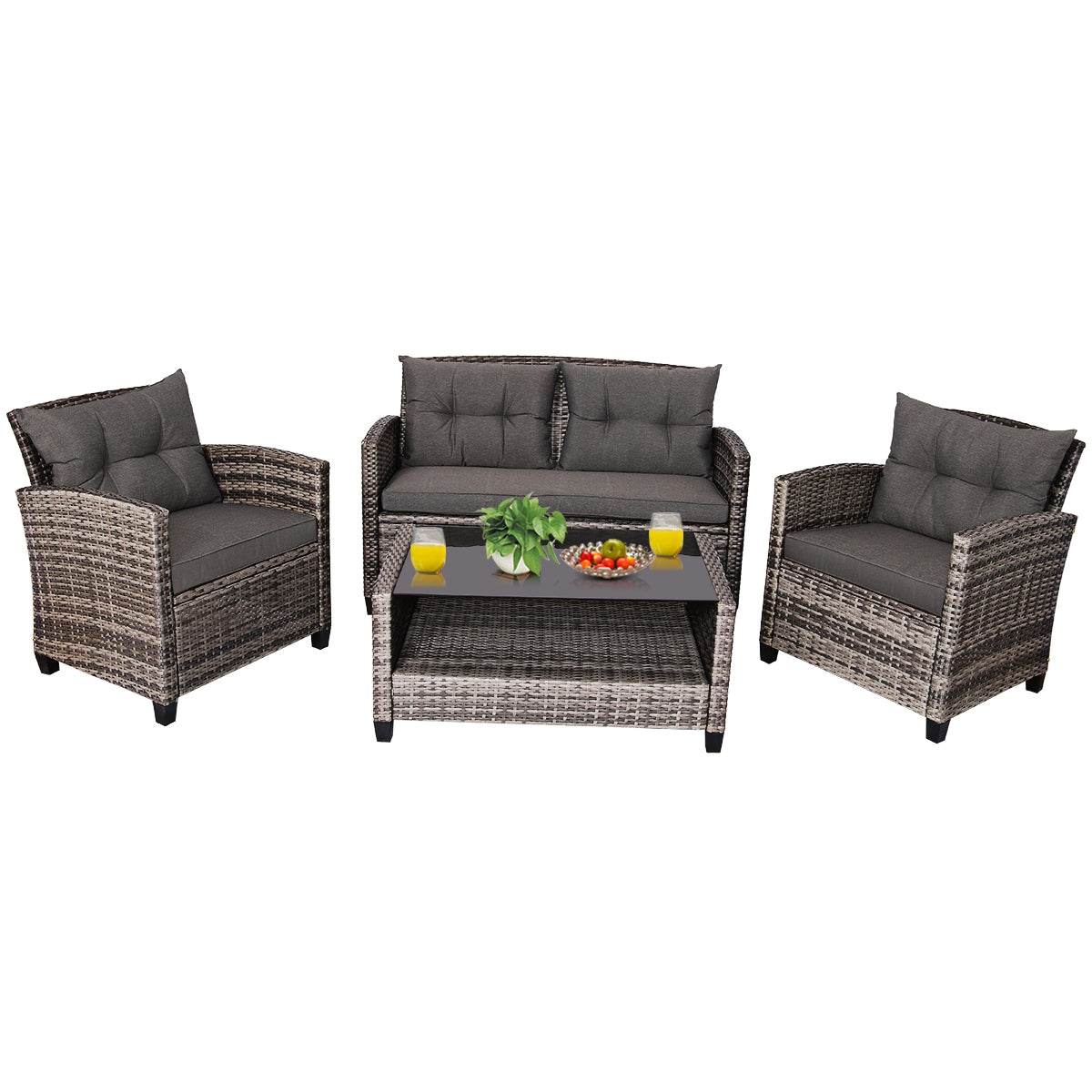 4 Pieces Patio Rattan Furniture Set Coffee Table Cushioned Sofa-GrayÂ