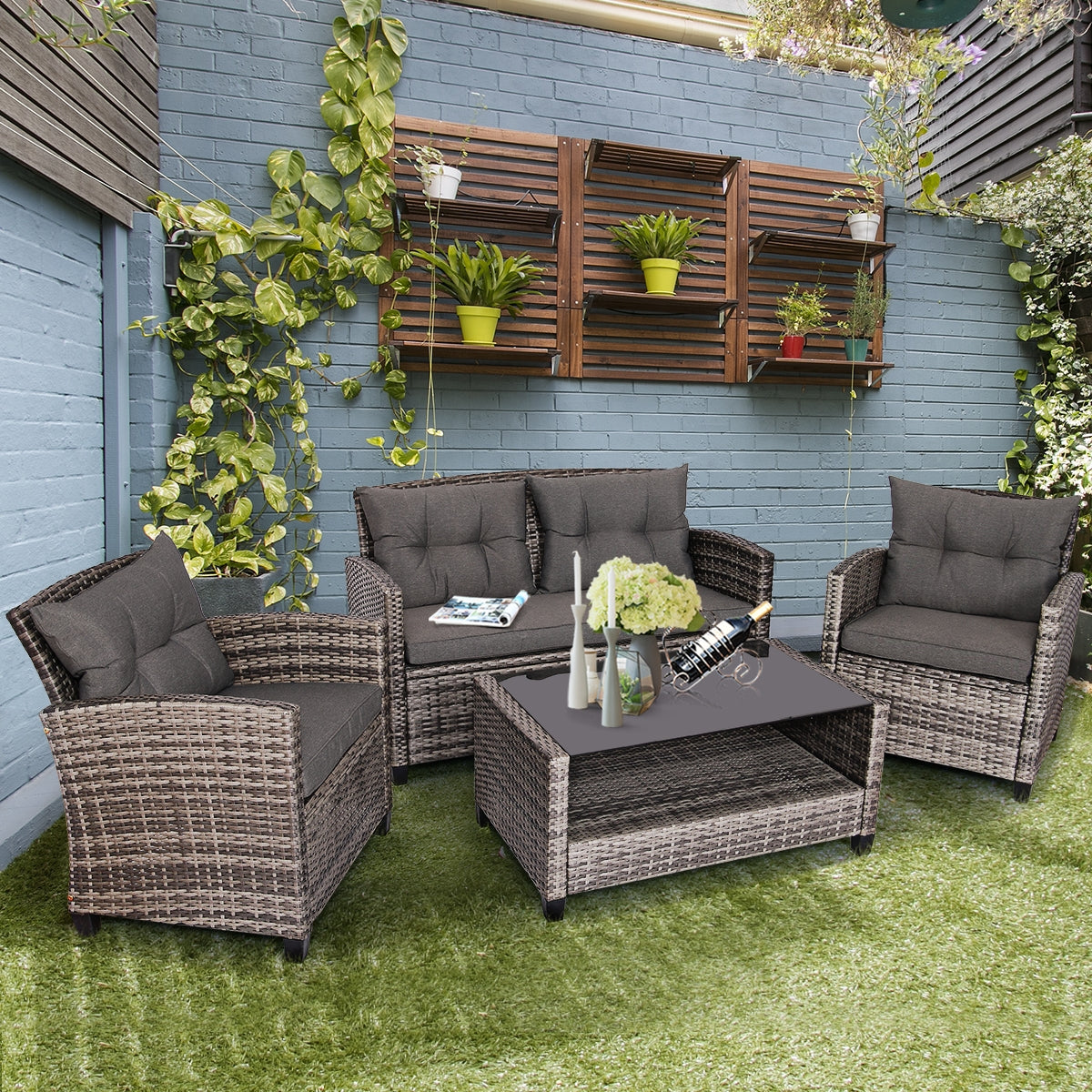 4 Pieces Patio Rattan Furniture Set Coffee Table Cushioned Sofa-GrayÂ