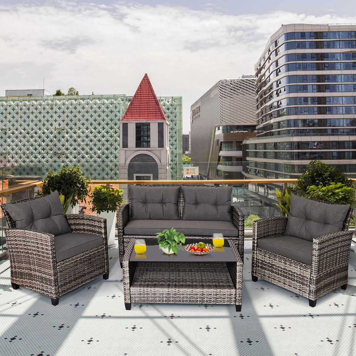 4 Pieces Patio Rattan Furniture Set Coffee Table Cushioned Sofa-GrayÂ