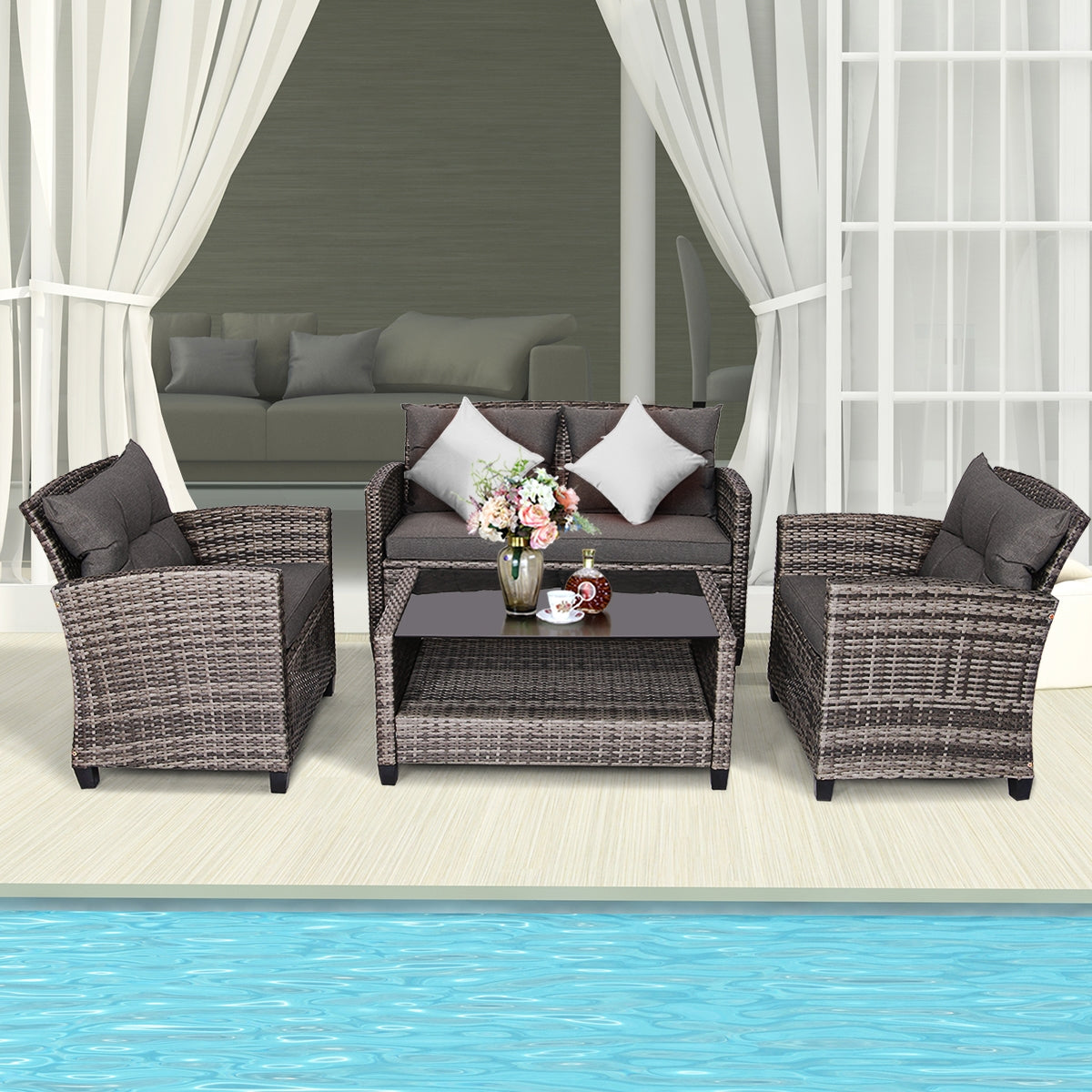 4 Pieces Patio Rattan Furniture Set Coffee Table Cushioned Sofa-GrayÂ