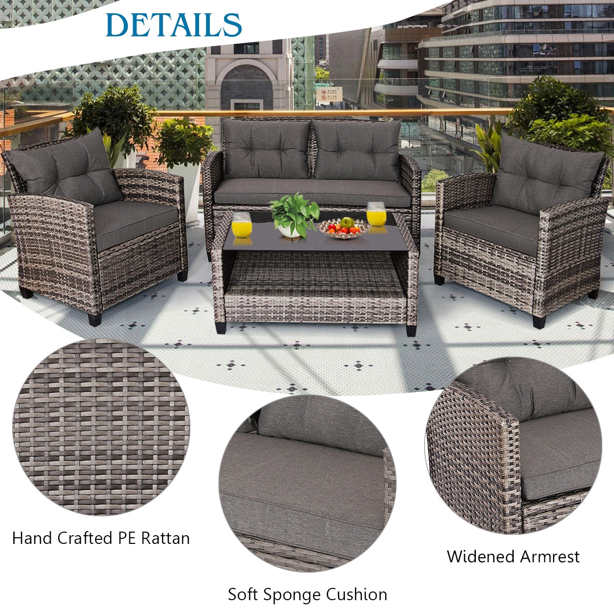 4 Pieces Patio Rattan Furniture Set Coffee Table Cushioned Sofa-GrayÂ