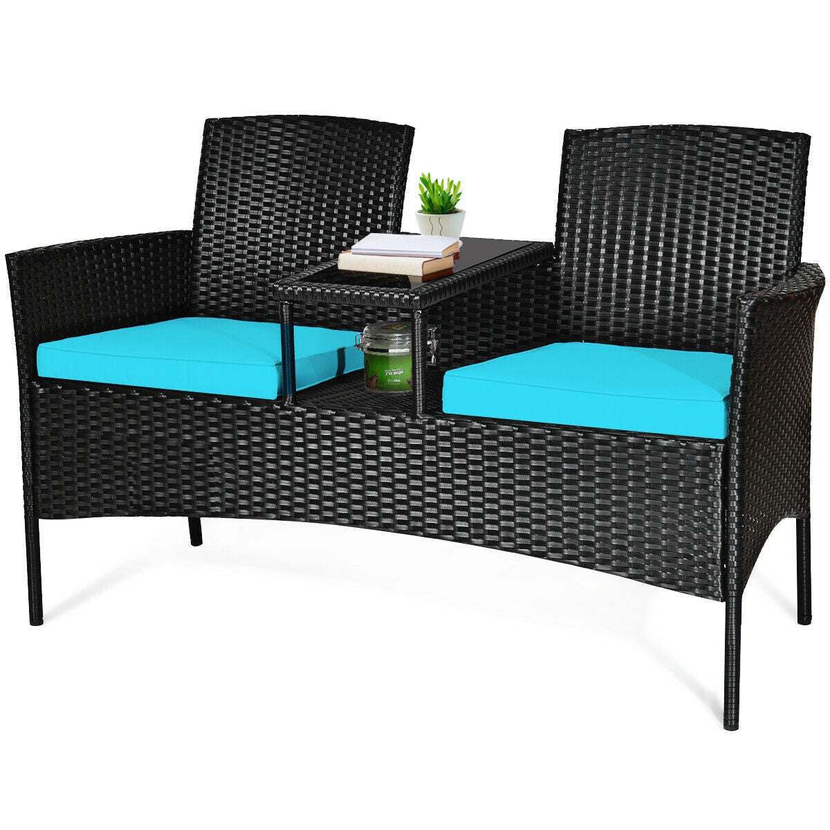 Wicker Patio Conversation Furniture Set with Removable Cushions and Table-TurquoiseÂ