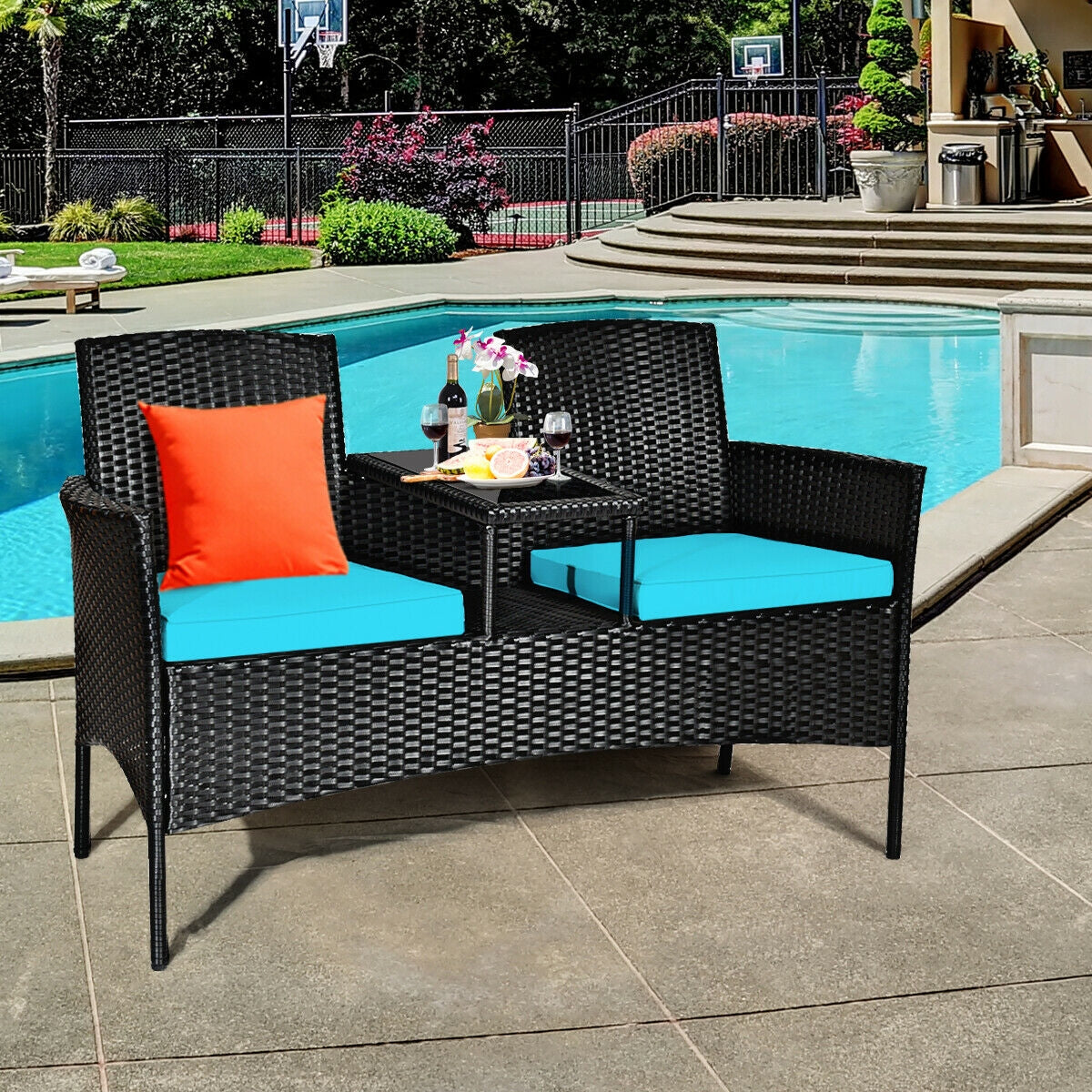 Wicker Patio Conversation Furniture Set with Removable Cushions and Table-TurquoiseÂ