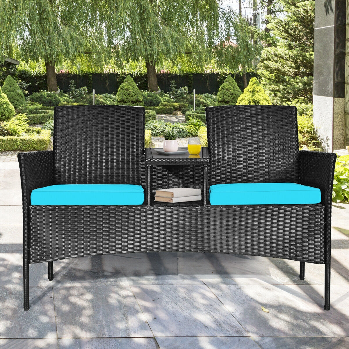 Wicker Patio Conversation Furniture Set with Removable Cushions and Table-TurquoiseÂ