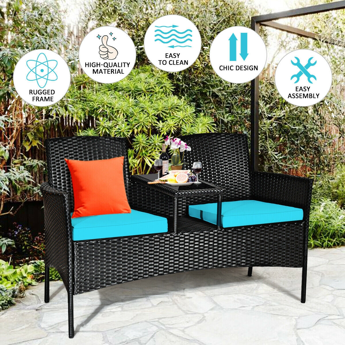 Wicker Patio Conversation Furniture Set with Removable Cushions and Table-TurquoiseÂ