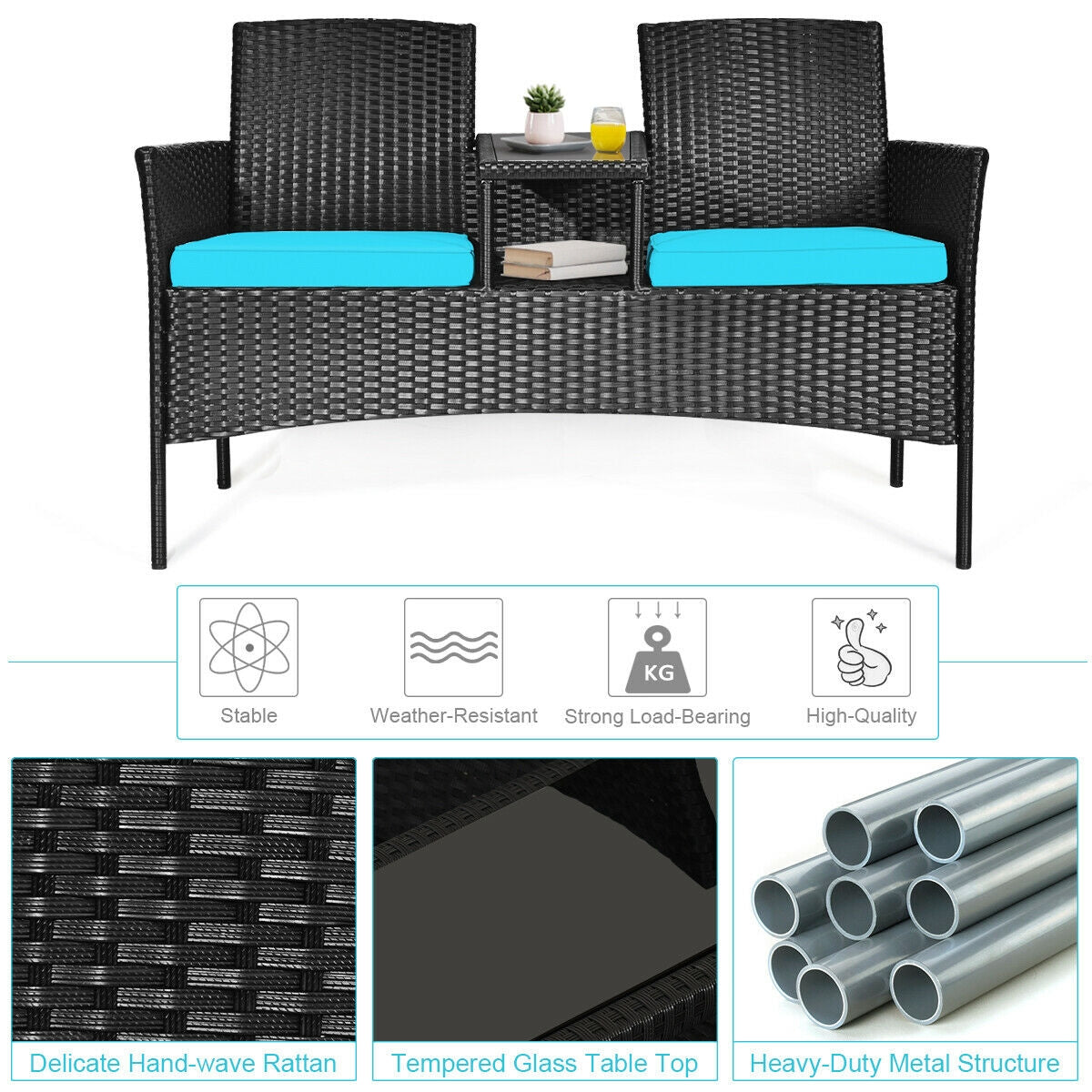 Wicker Patio Conversation Furniture Set with Removable Cushions and Table-TurquoiseÂ