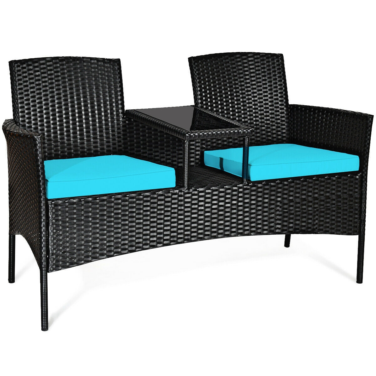 Wicker Patio Conversation Furniture Set with Removable Cushions and Table-TurquoiseÂ