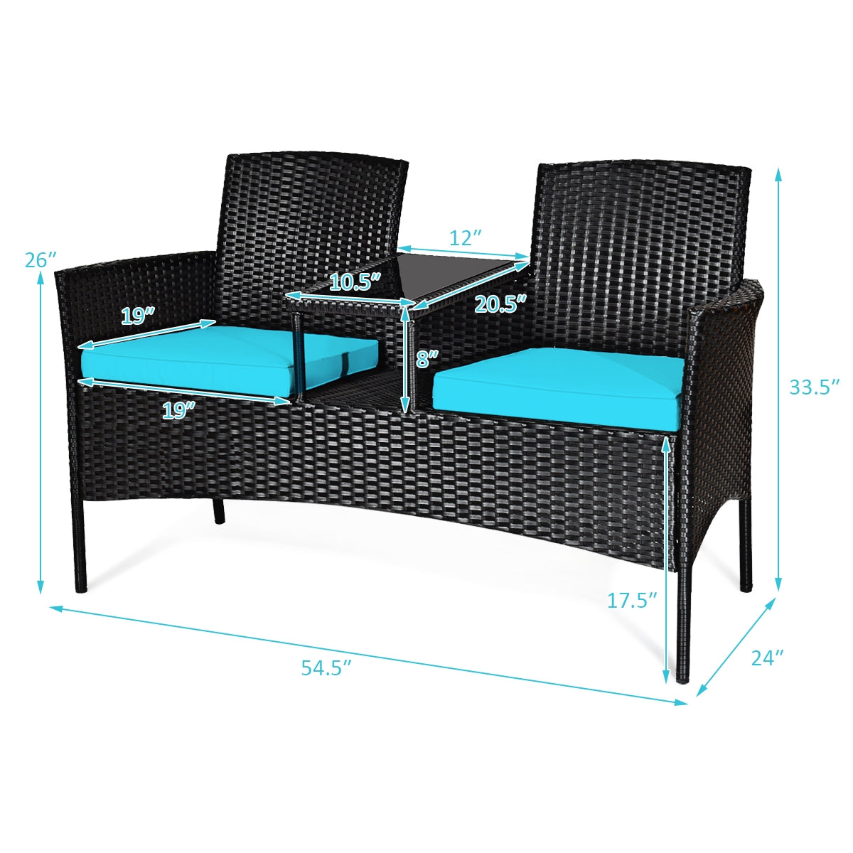 Wicker Patio Conversation Furniture Set with Removable Cushions and Table-TurquoiseÂ