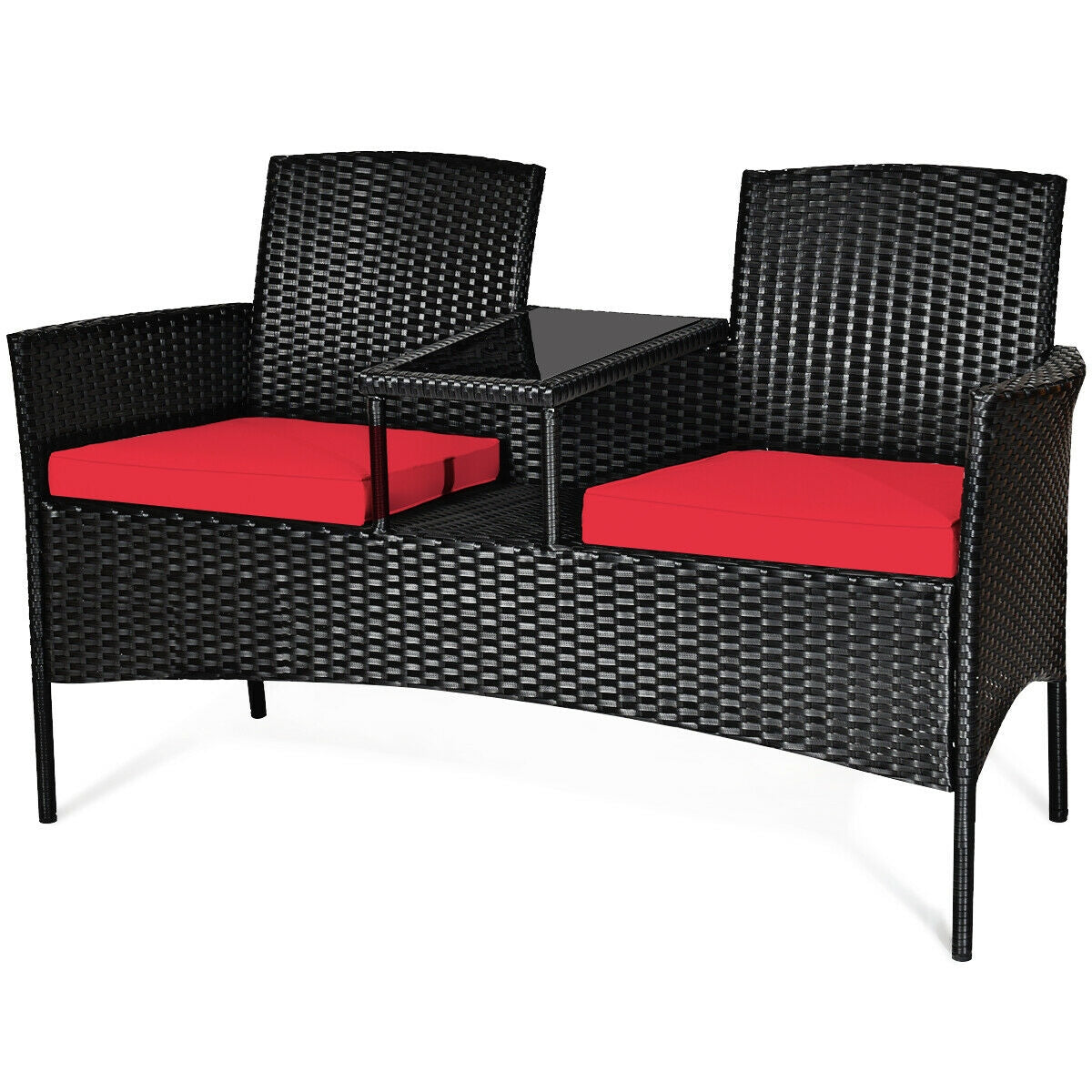 Wicker Patio Conversation Furniture Set with Removable Cushions and Table-RedÂ