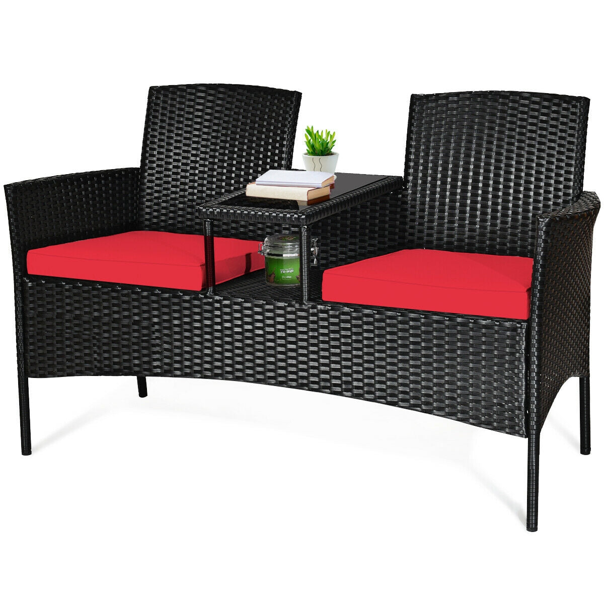 Wicker Patio Conversation Furniture Set with Removable Cushions and Table-RedÂ