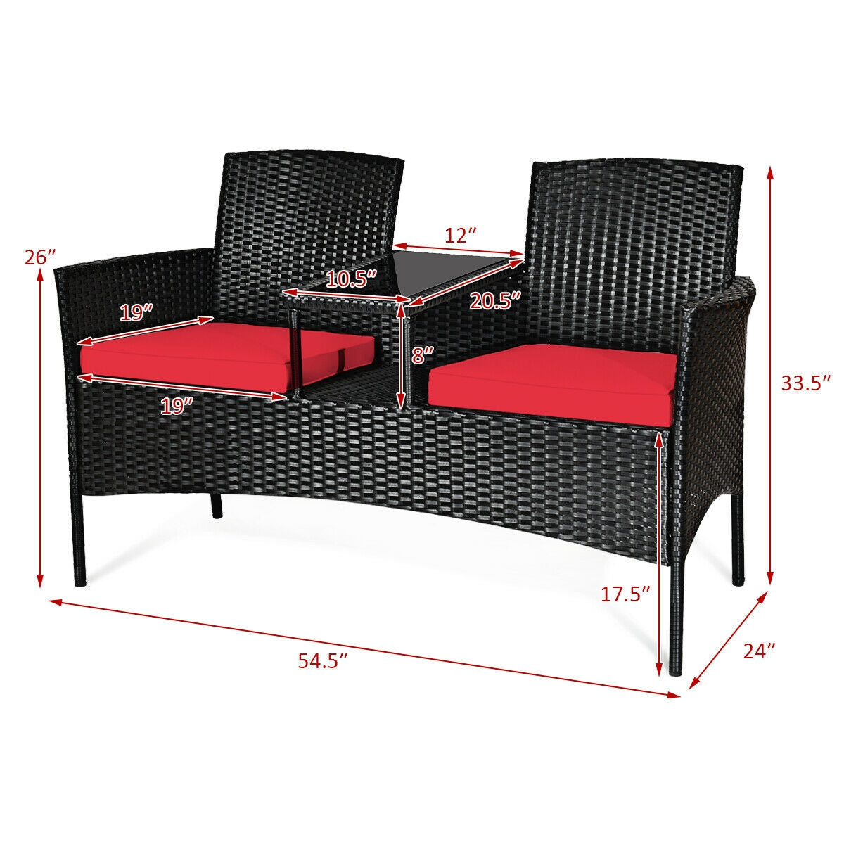 Wicker Patio Conversation Furniture Set with Removable Cushions and Table-RedÂ