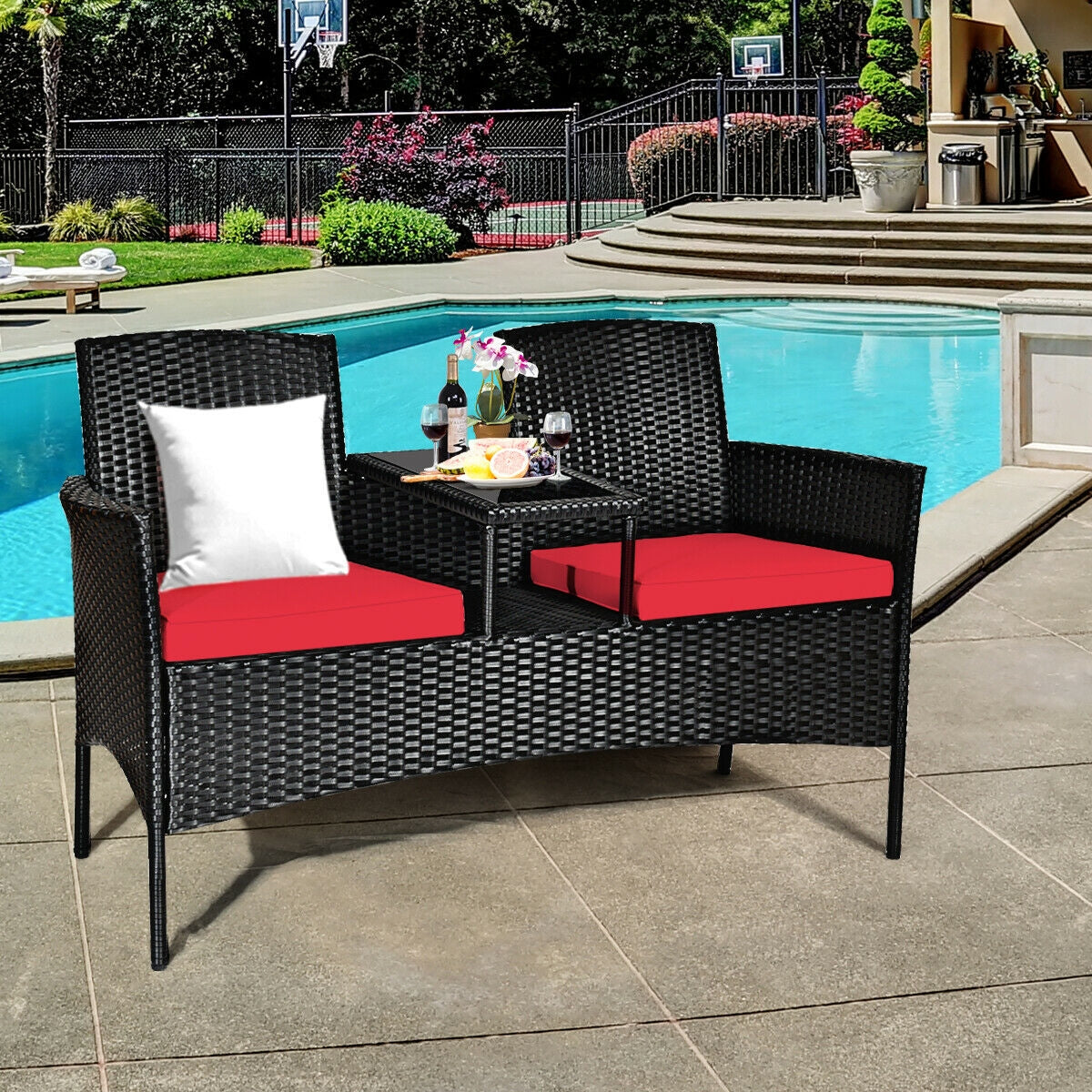 Wicker Patio Conversation Furniture Set with Removable Cushions and Table-RedÂ