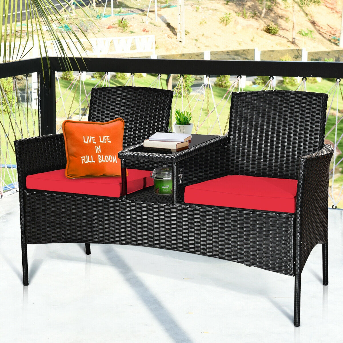 Wicker Patio Conversation Furniture Set with Removable Cushions and Table-RedÂ