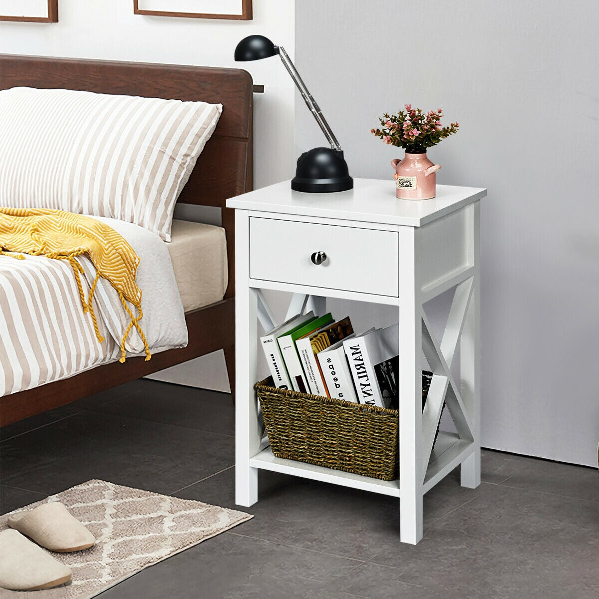 2pcs Bedroom Side End Nightstand with Drawer-WhiteÂ