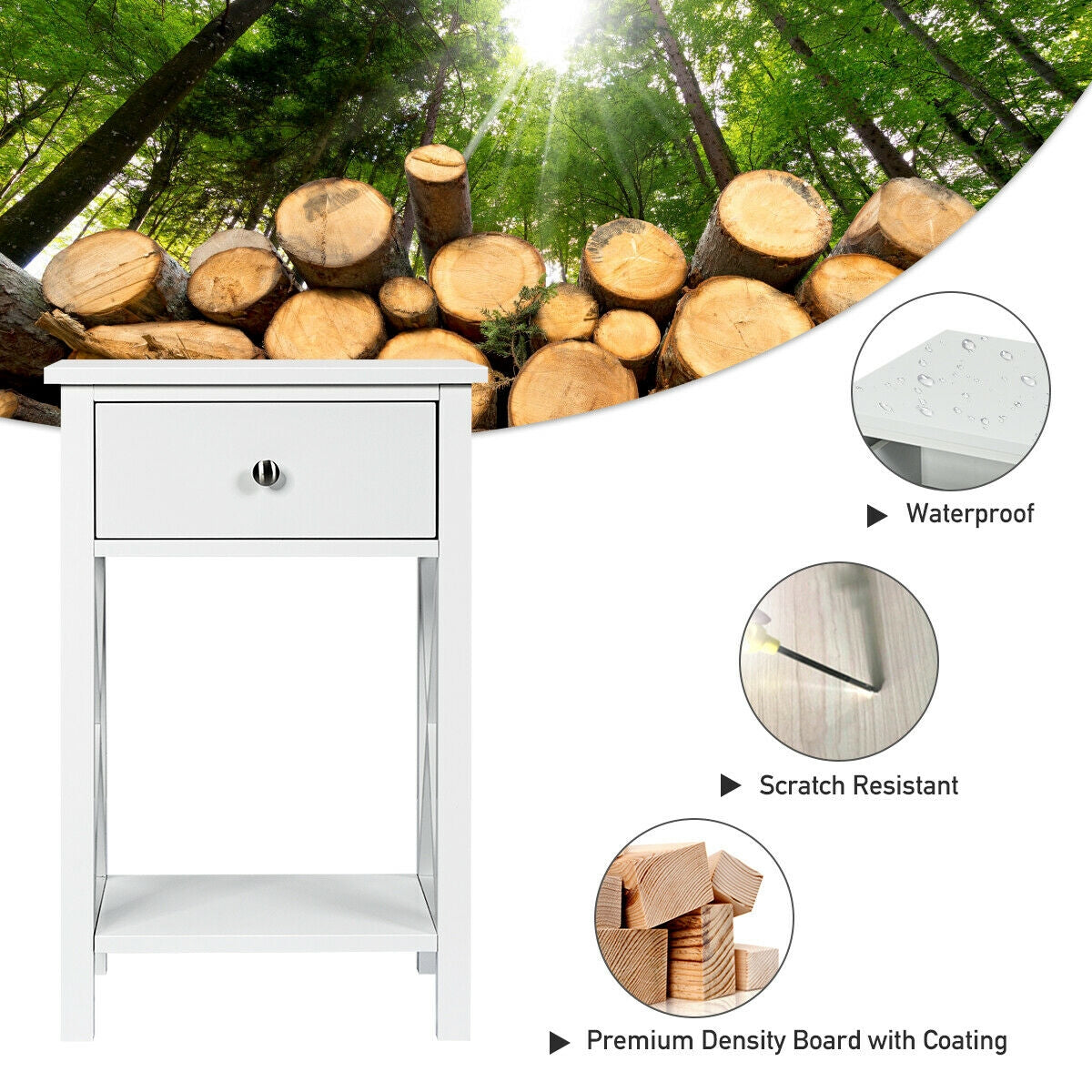 2pcs Bedroom Side End Nightstand with Drawer-WhiteÂ