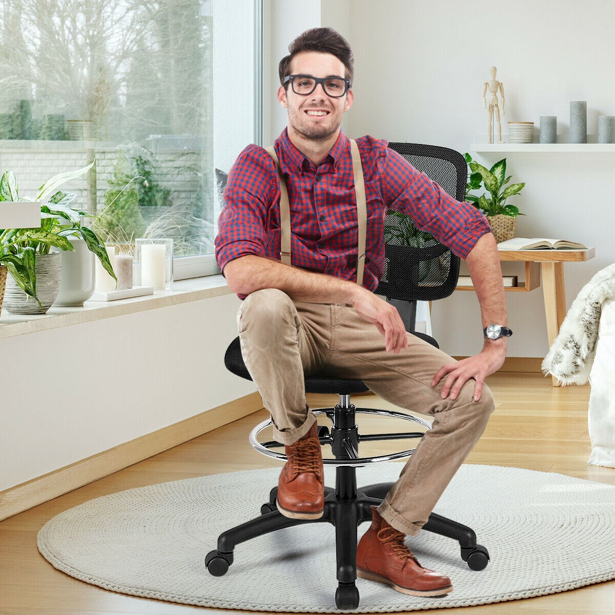 Adjustable Height Mid Back Mesh Drafting Office ChairÂ