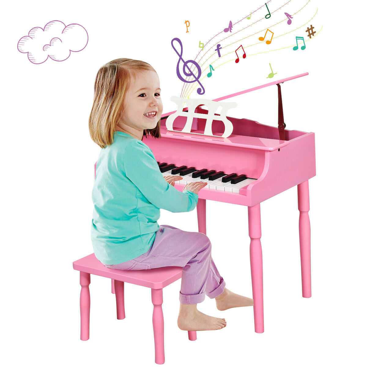 30-Key Wood Toy Kids Grand Piano with Bench and Music Rack-PinkÂ