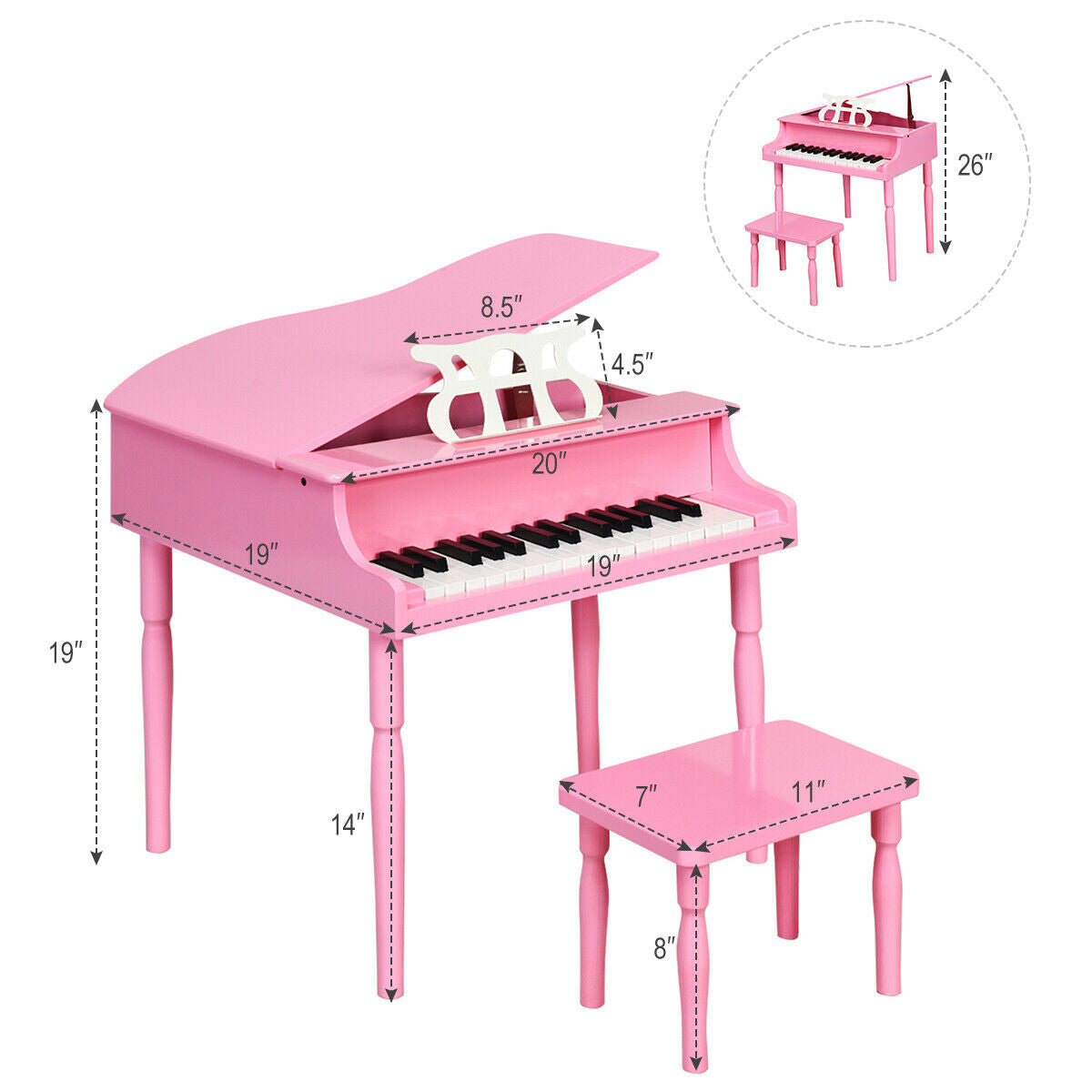 30-Key Wood Toy Kids Grand Piano with Bench and Music Rack-PinkÂ