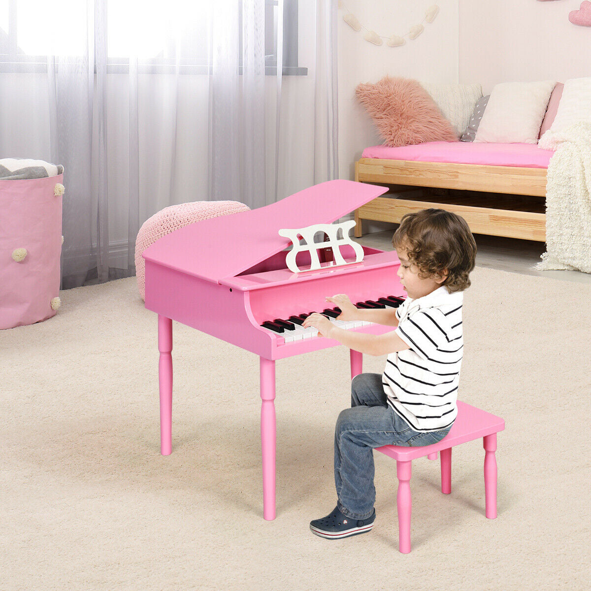30-Key Wood Toy Kids Grand Piano with Bench and Music Rack-PinkÂ