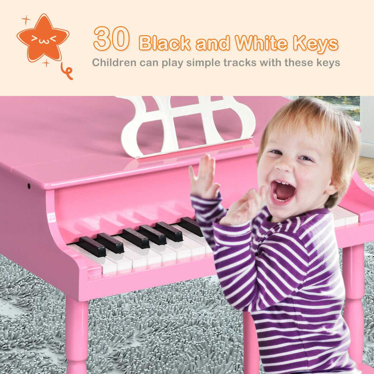 30-Key Wood Toy Kids Grand Piano with Bench and Music Rack-PinkÂ