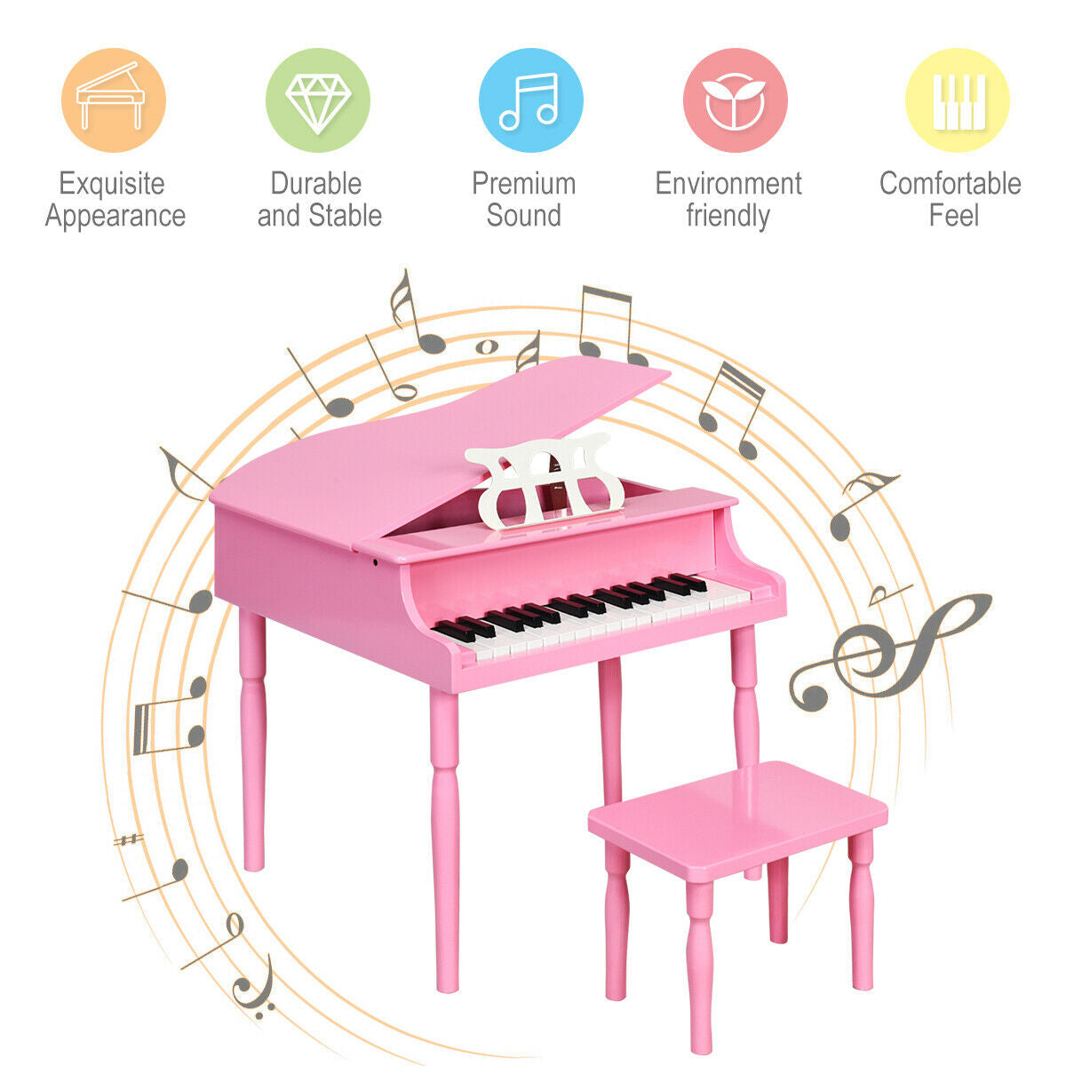 30-Key Wood Toy Kids Grand Piano with Bench and Music Rack-PinkÂ