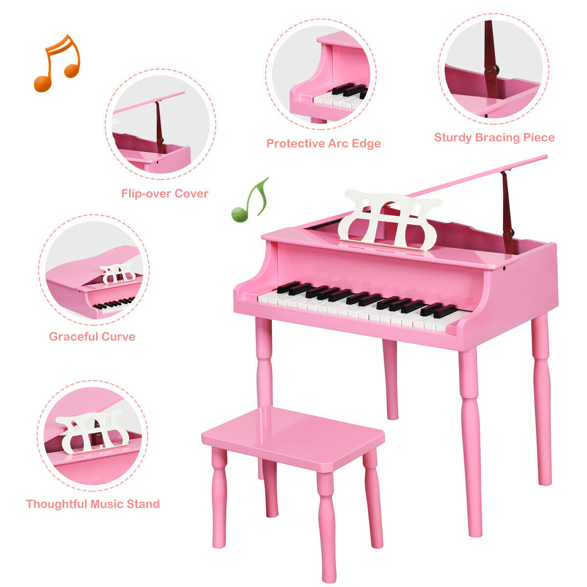 30-Key Wood Toy Kids Grand Piano with Bench and Music Rack-PinkÂ