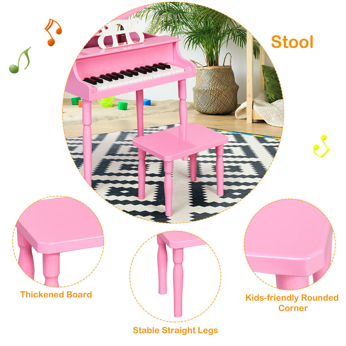 30-Key Wood Toy Kids Grand Piano with Bench and Music Rack-PinkÂ